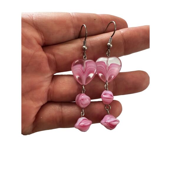 Pink Glass Heart Earrings - Picture 4 of 4